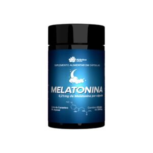 Frasco de melatonina suplemento nutracêutico para iniciar o sono mais rápido e reduzir jet lag, uso 30–60 minutos antes de dormir, com orientação médica