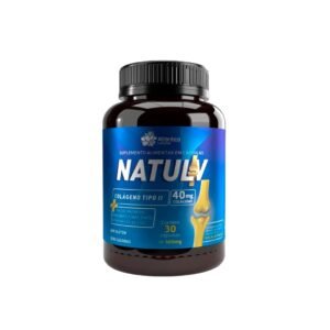 Cápsulas de Colágeno Tipo II NATULIV ao lado de frutas cítricas, representando saúde das articulações, artrose, hérnia de disco e fibromialgia﻿