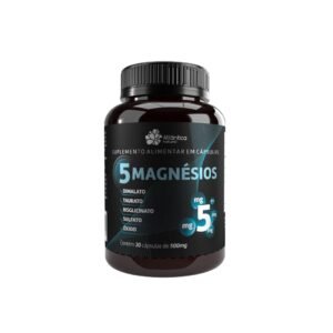 Frasco do suplemento 5 Magnésios em destaque, associado a apoio de músculos e nervos, redução de cãibras e auxílio ao relaxamento para sono reparador e energia diária.